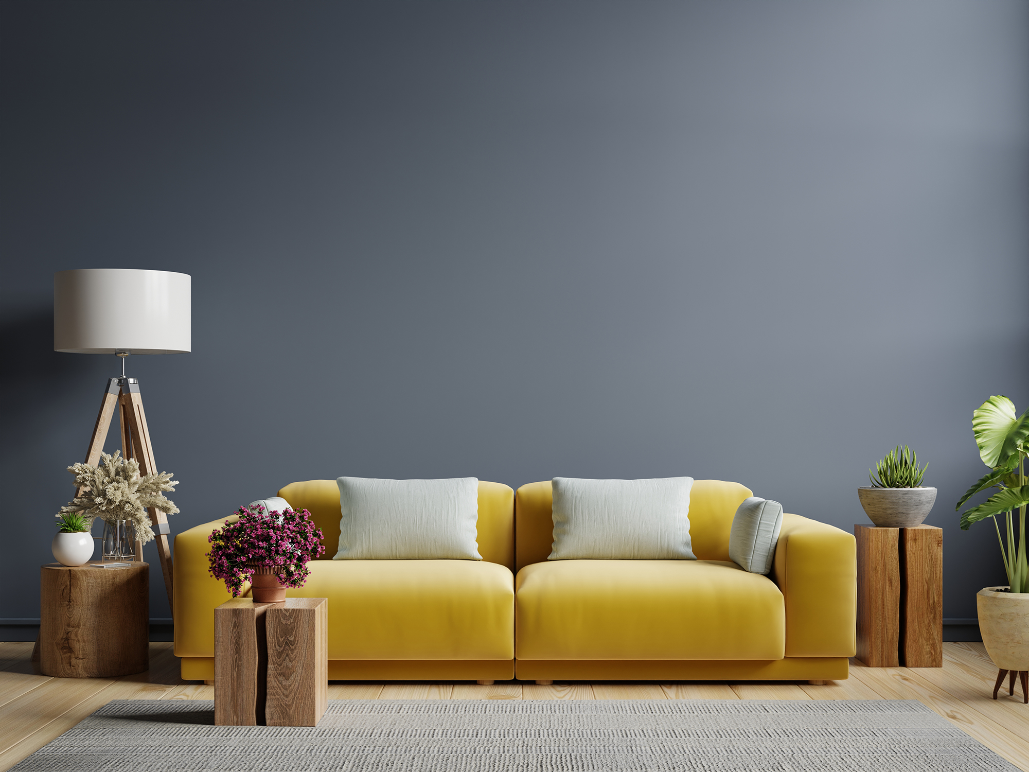 Interior mockup dark blue wall with yellow sofa and decor in liv